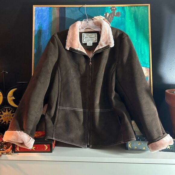 Vintage Bum Equipment Faux Suede Brown Jacket with Pink Faux Fur Accents Large - Picture 14 of 15